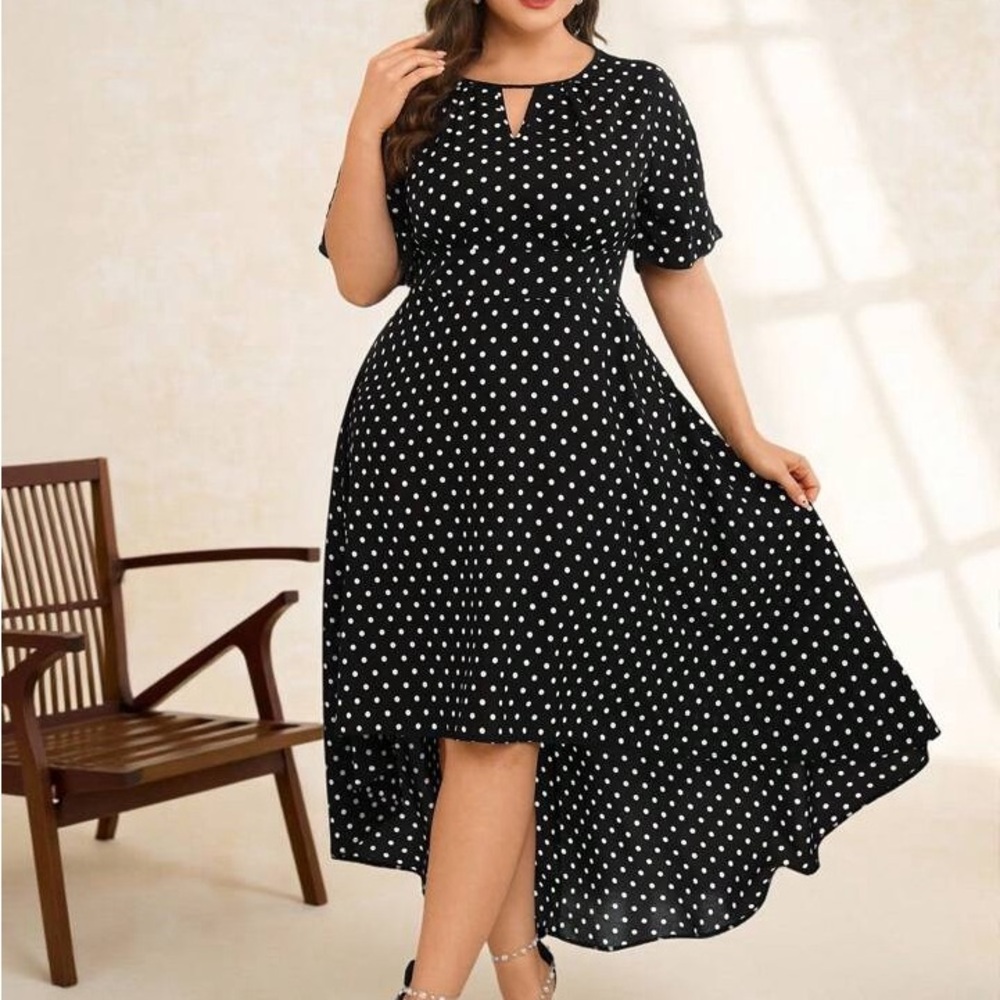 SHEIN Black & White Polka Dot Asymmetrical Midi Dress - 4XL,‎ Flutter Sleeve